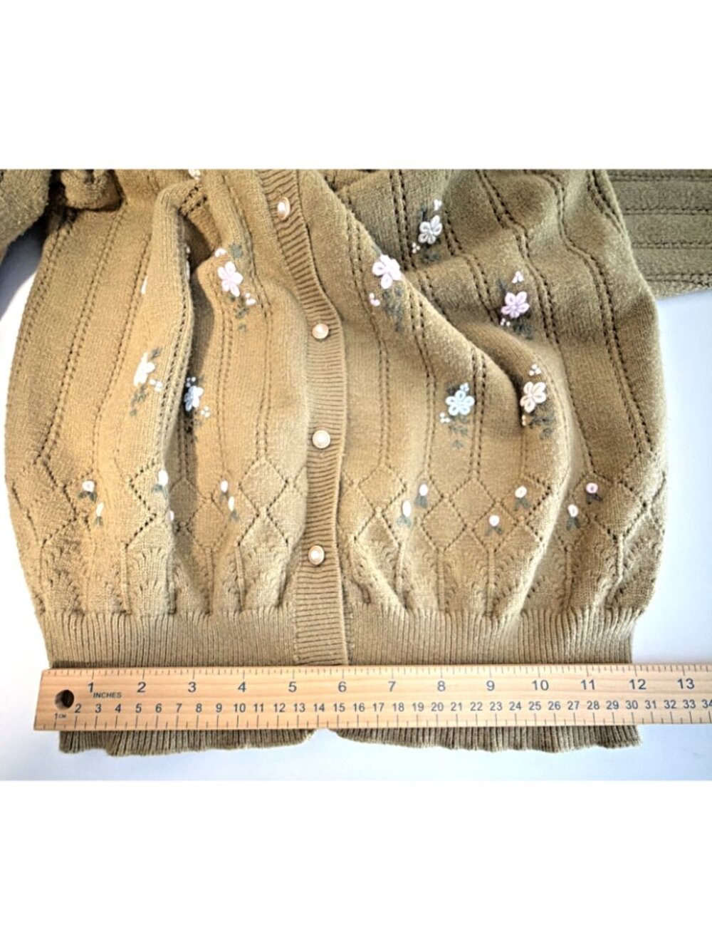 Simple Retro Womens L Olive Floral Embroidered Cardigan Sweater Cottagecore - Picture 8 of 11